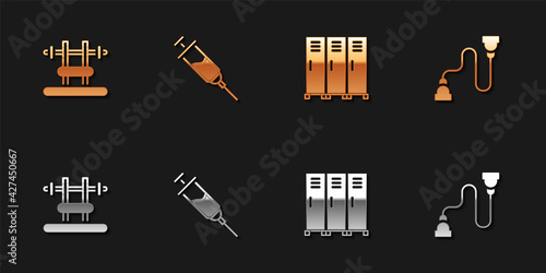 Set Bench with barbel, Doping syringe, Locker or changing room and Chest expander icon. Vector