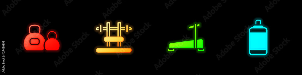 Set Kettlebell, Bench with barbel, Treadmill machine and Punching bag icon. Vector Set Kettlebell, Bench with barbel, Treadmill machine and Punching bag icon. Vector