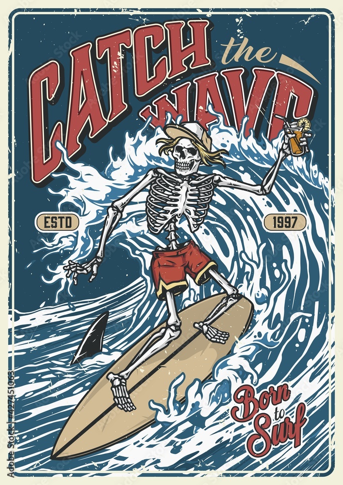 Ocean surfing vintage colorful poster