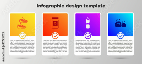 Set Sport sneakers, Anabolic drugs, Bottle of water and Kettlebell. Business infographic template. Vector