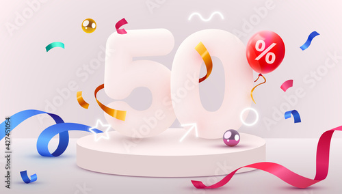 50 percent Off. Discount creative composition. 3d sale symbol with decorative objects, heart shaped balloons, golden confetti, podium and gift box. Sale banner and poster.