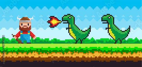 Pixelated background with viking and dinosaurs in natural landscape. Man fighting dragons with fire