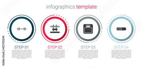 Set Barbell, Bench with barbel, Bathroom scales and Vitamin pill. Business infographic template. Vector
