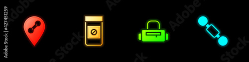 Set Location gym, Anabolic drugs, Sport bag and Dumbbell icon. Vector