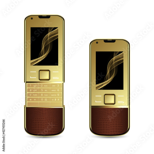 Realistic luxurious and glamorous golden mobile phone. Elegant mobile handset gold plating. Combination of precious metals and genuine leather. Vector illustration. Isolated on white background.