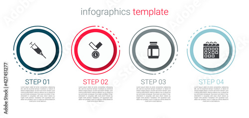 Set Doping syringe, Medal, Sports nutrition and Calendar fitness. Business infographic template. Vector