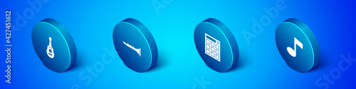 Set Isometric Guitar, Drum machine, Music note, tone and Clarinet icon. Vector