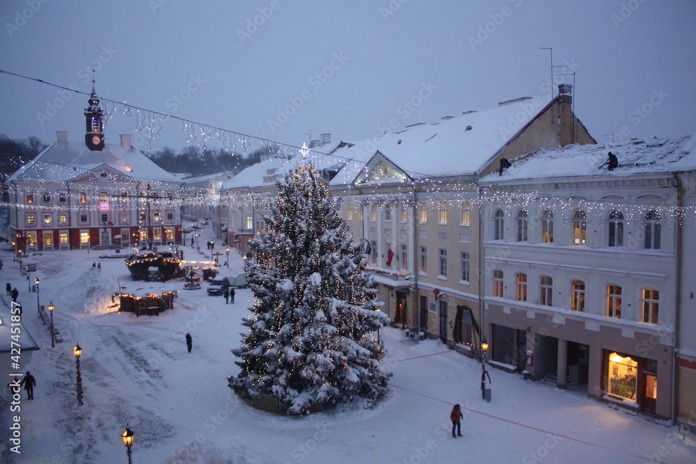 Christmas tree at town hall square in Tartu Estonia