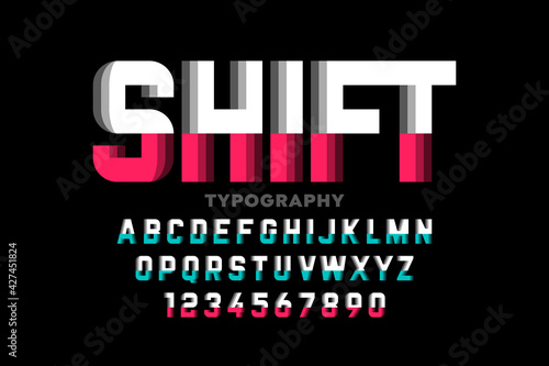 Shifted style font, typography design, alphabet letters and numbers