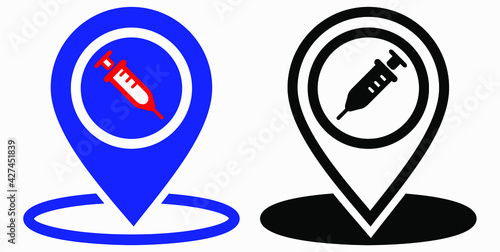 Syringe and location icon. Vaccination sign. The location of the hospital. Vector icon.