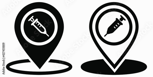 Syringe and location icon. Vaccination sign. The location of the hospital. Vector icon.