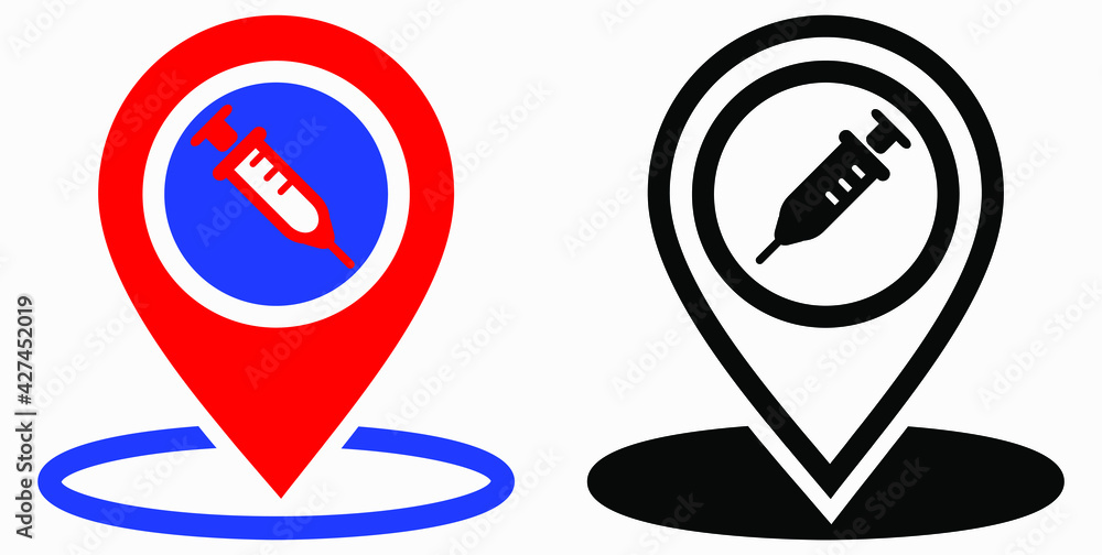 Syringe and location icon. Vaccination sign. The location of the hospital. Vector icon.