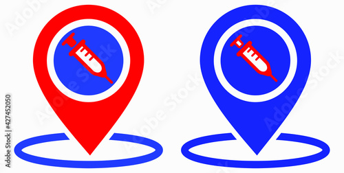 Syringe and location icon. Vaccination sign. The location of the hospital. Vector icon.