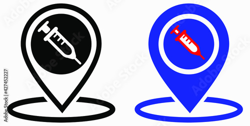 Syringe and location icon. Vaccination sign. The location of the hospital. Vector icon.