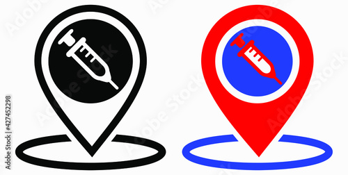 Syringe and location icon. Vaccination sign. The location of the hospital. Vector icon.