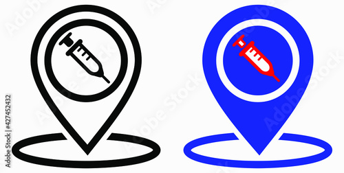 Syringe and location icon. Vaccination sign. The location of the hospital. Vector icon.