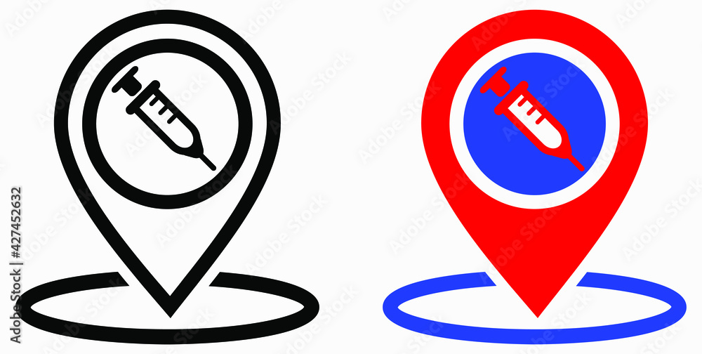 Syringe and location icon. Vaccination sign. The location of the hospital. Vector icon. Syringe and location icon. Vaccination sign. The location of the hospital. Vector icon.