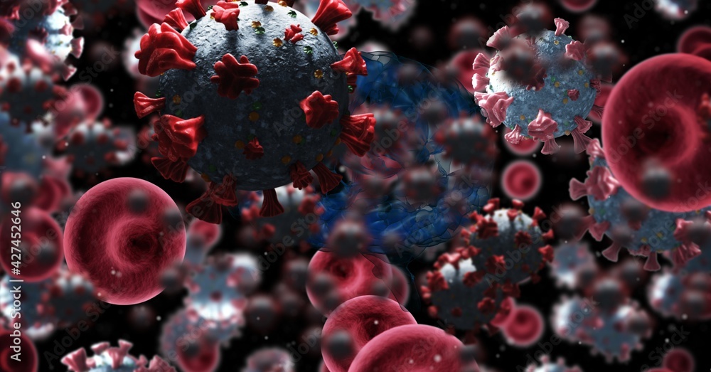 Coronavirus cells floating over computer generated human brain, covid-19 and pandemic concept Coronavirus cells floating over computer generated human brain, covid-19 and pandemic concept
