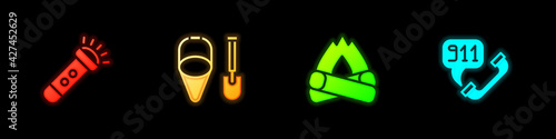 Set Flashlight, Fire shovel and bucket, Campfire and Telephone call 911 icon. Vector