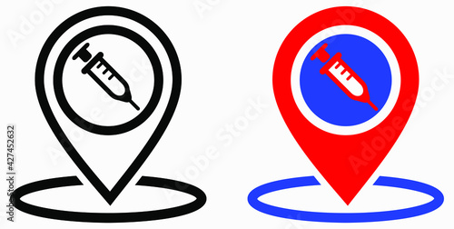 Syringe and location icon. Vaccination sign. The location of the hospital. Vector icon.