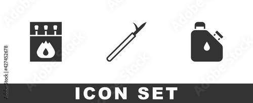 Set Matchbox and matches, Metal pike pole and Canister fuel icon. Vector