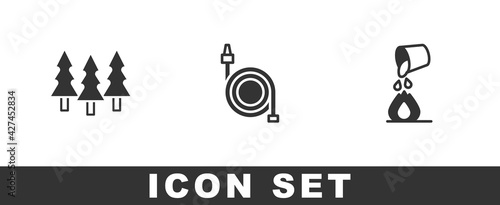 Set Forest, Fire hose reel and Bucket extinguishing fire icon. Vector