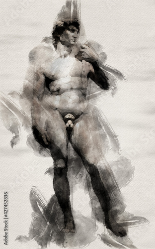 David of Michelangelo. Redrawing with a watercolor.