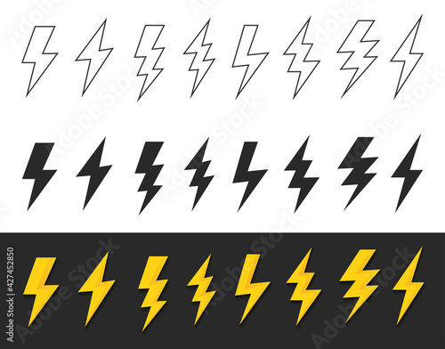 Set lightning bolt or thunder icons set. Vector illustration set
