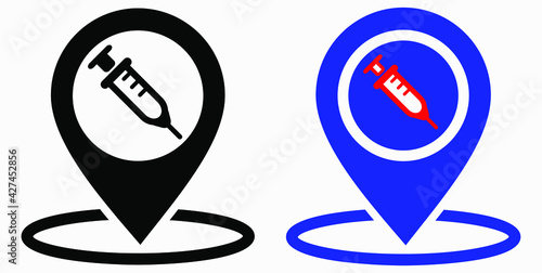 Syringe and location icon. Vaccination sign. The location of the hospital. Vector icon.