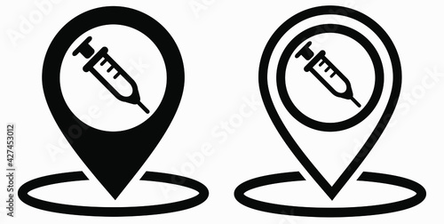 Syringe and location icon. Vaccination sign. The location of the hospital. Vector icon.