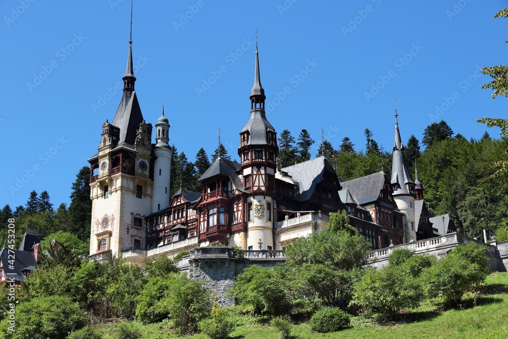 Fairytale castle of Peles, Romania. Architecture of Romania. Fairytale castle of Peles, Romania. Architecture of Romania.