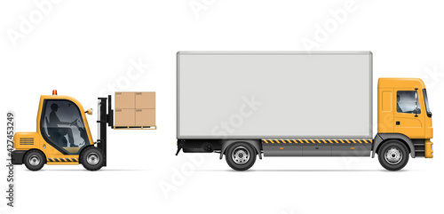 Forklift loading boxes into delivery truck side view vector illustration. Warehouse and storage equipment. Logistic and shipping cargo.