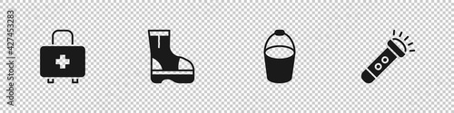Set First aid kit, Fire boots, bucket and Flashlight icon. Vector