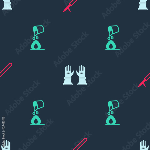 Set Metal pike pole, Firefighter gloves and Bucket extinguishing fire on seamless pattern. Vector