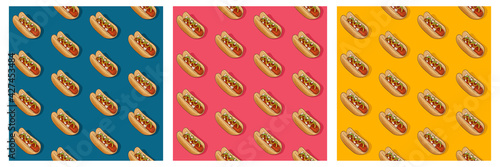 Hot dog seamless pattern. Trendy, cartoon, modern, contemporary style. Set of three illustratrations. Background, Wallpaper, Textile