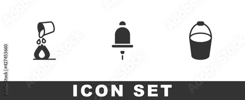 Set Bucket extinguishing fire, Ringing alarm bell and Fire bucket icon. Vector