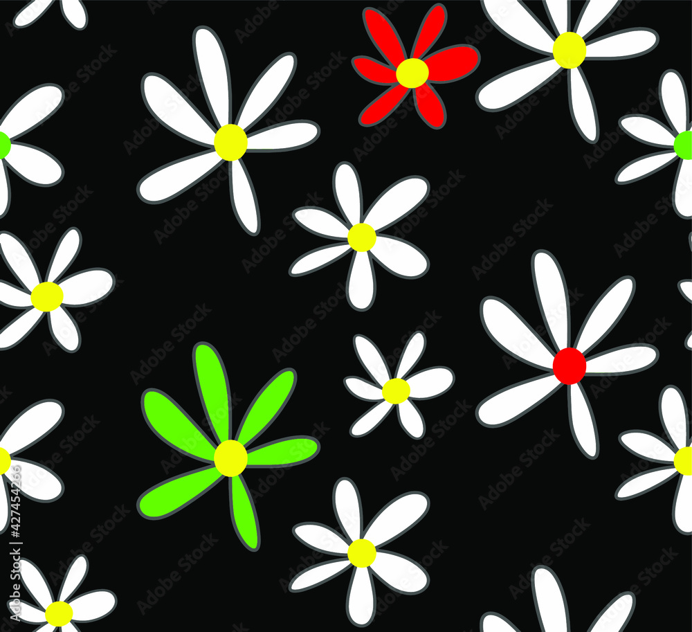 Abstract Hand Drawing Doodle Daisy Flowers Repeating Vector Pattern Isolated Background 