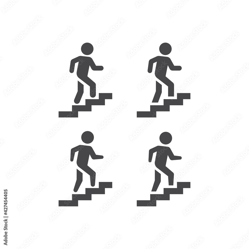 Stairs or stairway black vector sign. Man climbing up staircase symbol.
