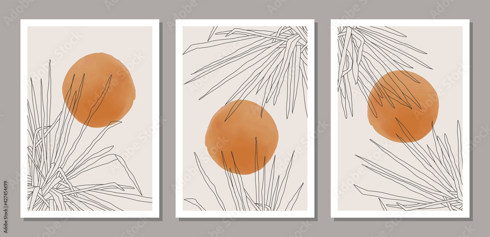 Set of minimalist botanical line art composition with leaves abstract collage