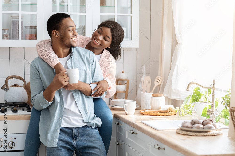 custom made wallpaper toronto digitalPortrait Of Happy Loving Black Couple Spending Morning Time In Kitchen Together