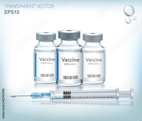 The medical concept with vaccine bottles and syringe for injection.  Transparent vector ampoule on blue background