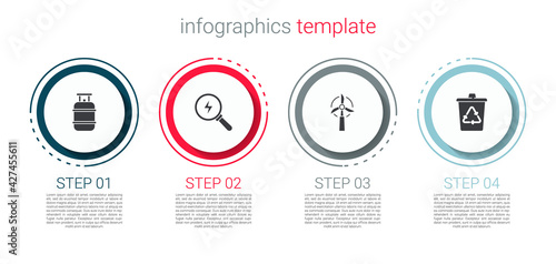 Set Propane gas tank, Lightning bolt, Wind turbine and Recycle with recycle. Business infographic template. Vector