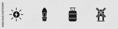 Set Solar energy panel, Light bulb, Propane gas tank and Wind turbine icon. Vector