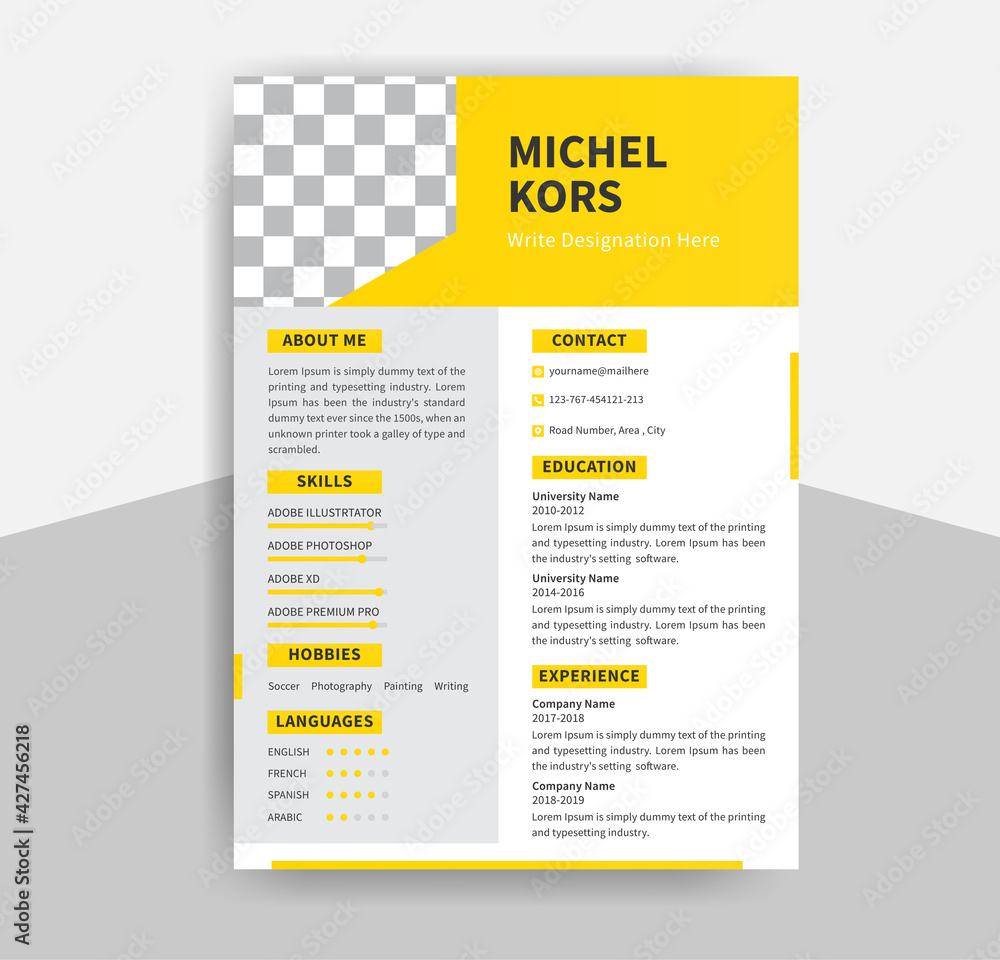 Curriculum Vitae template, Professional and minimal CV, Resume Job Application letterhead, Infographics Personal Description letter Vector