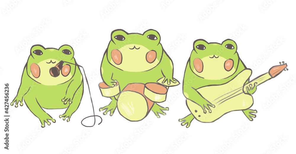 Obraz premium Emotional cute frogs. Cartoon character. Illustration of frogs playing on music instruments