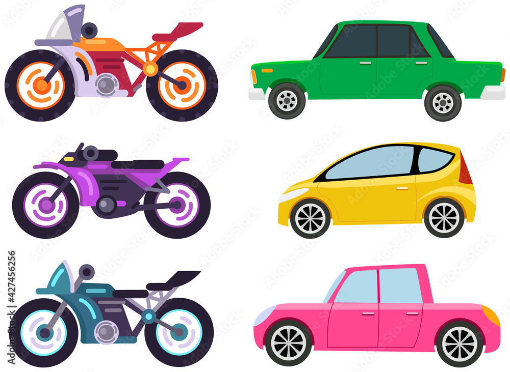 Naklejka premium Cars and motorcycles of different types without drivers. Set of modes of transport and shapes