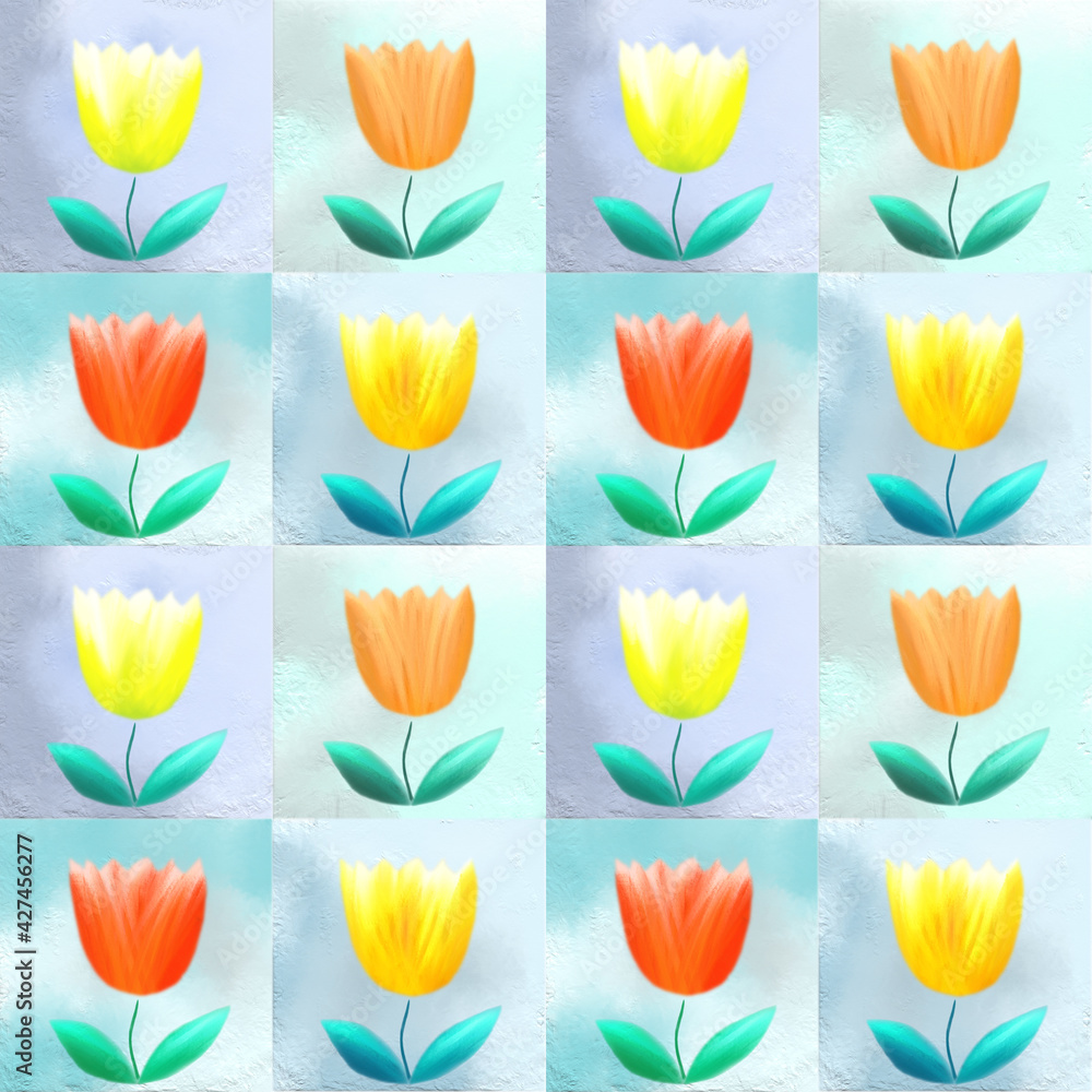Seamless pattern, tulips on a light background, acrylic, paint texture.