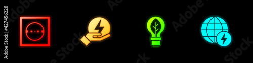 Set Electrical outlet, Lightning bolt, bulb with leaf and Global energy power planet icon. Vector photo