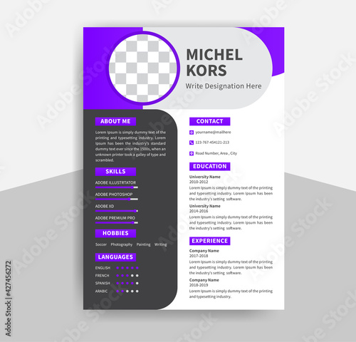 Curriculum Vitae template, Professional and minimal CV, Resume Job Application letterhead, Infographics Personal Description letter Vector