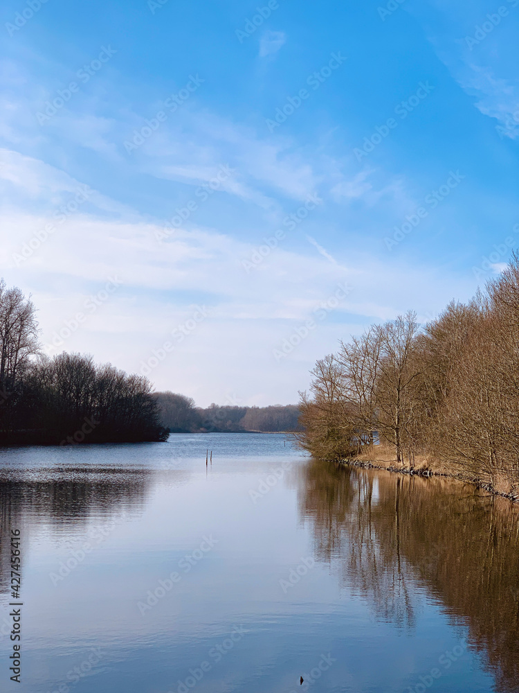 Tranquil silent lake view with trees on either side on a sunny day